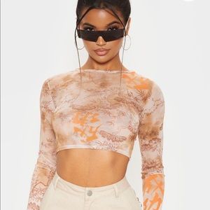 Orange Tie Dye Printed Mesh Long Sleeve Crop Top